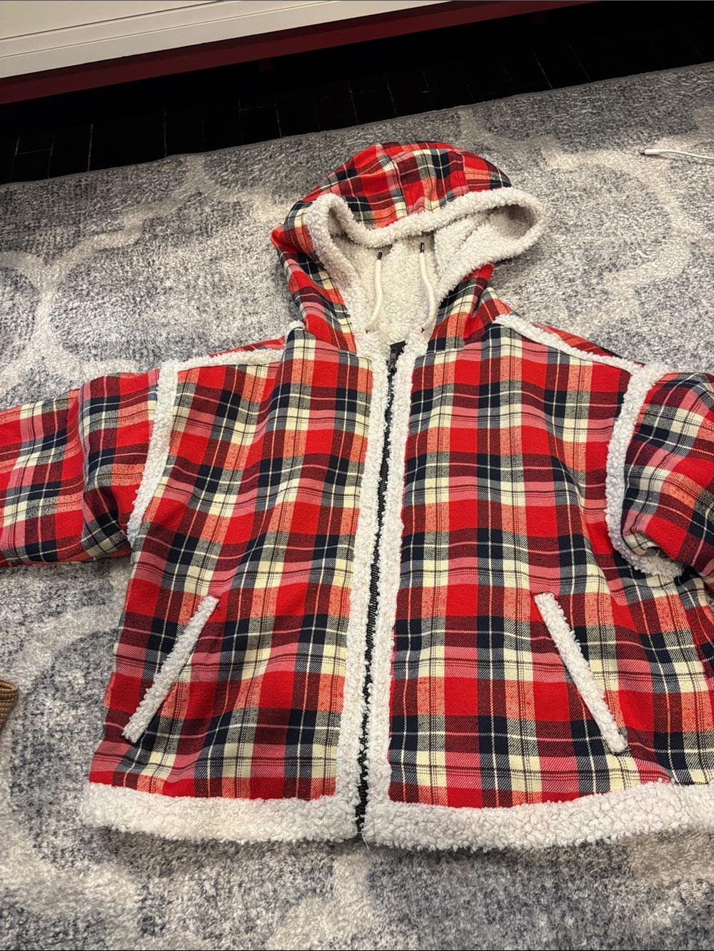 LF Red Plaid Hooded Jacket with Sherpa Trim